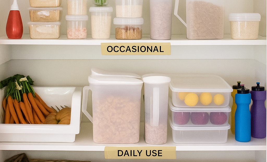 Kitchen shelf with labels and containers Kitchen shelf with labels and containers