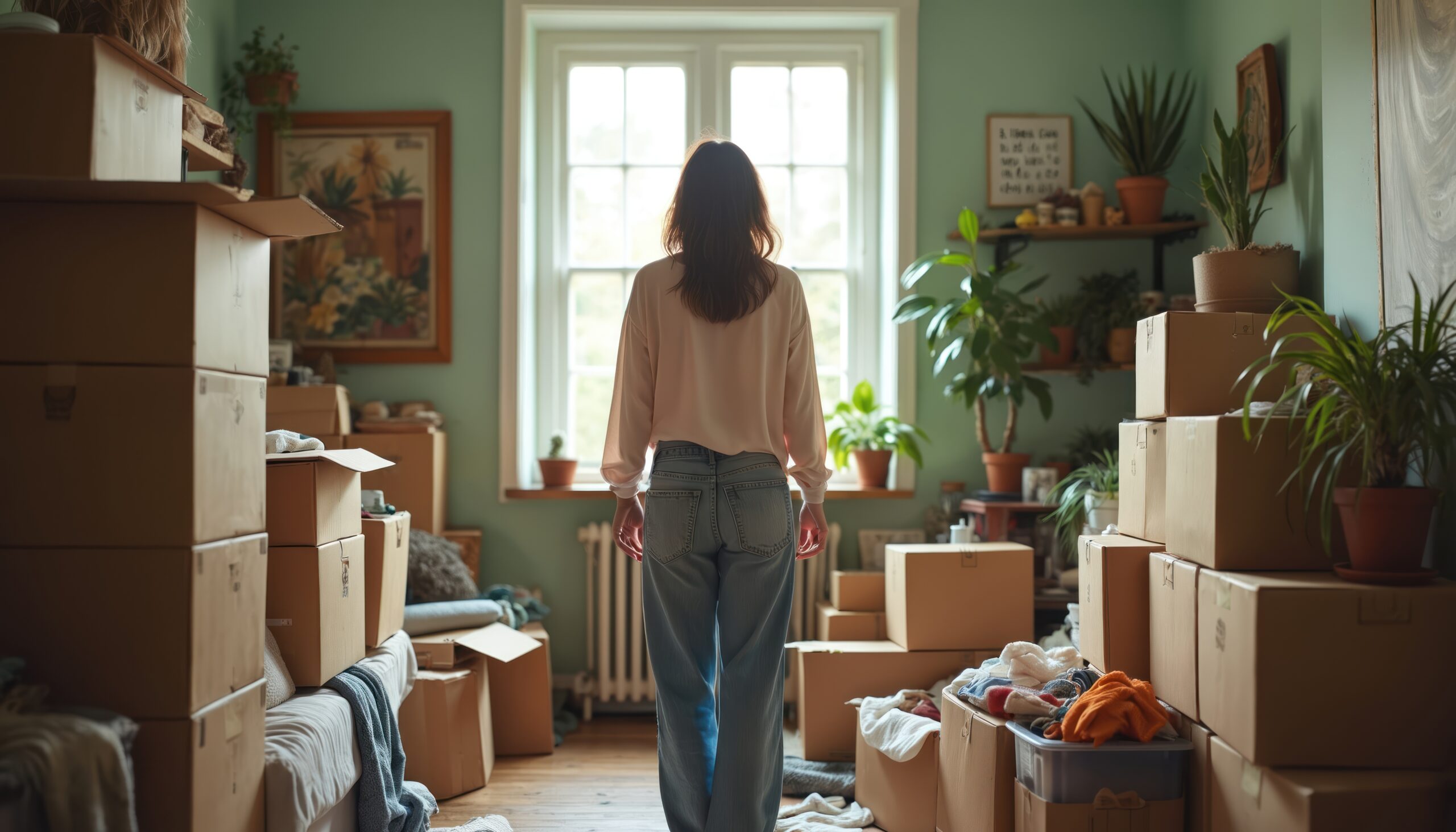 Woman in room surrounded by moving boxes, plants. Preparing for downsizing, minimalism, tidying up. Relocation to smaller house apartment. New life concept. Packing belongings stuff. Woman in room surrounded by moving boxes, plants. Preparing for downsizing, minimalism, tidying up. Relocation to smaller house apartment. New life concept. Packing belongings stuff.