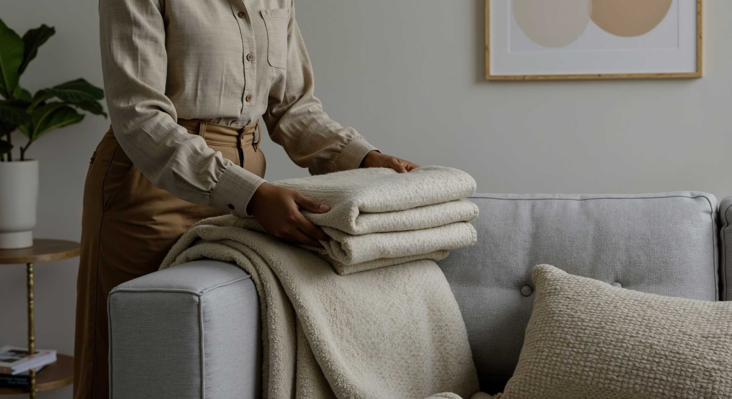 woman arranging cream wool blankets on light gray sofa in modern living room. Person in beige shirt and brown skirt organizing textile throws. Home decor, interior styling with neutral color palette woman arranging cream wool blankets on light gray sofa in modern living room. Person in beige shirt and brown skirt organizing textile throws. Home decor, interior styling with neutral color palette