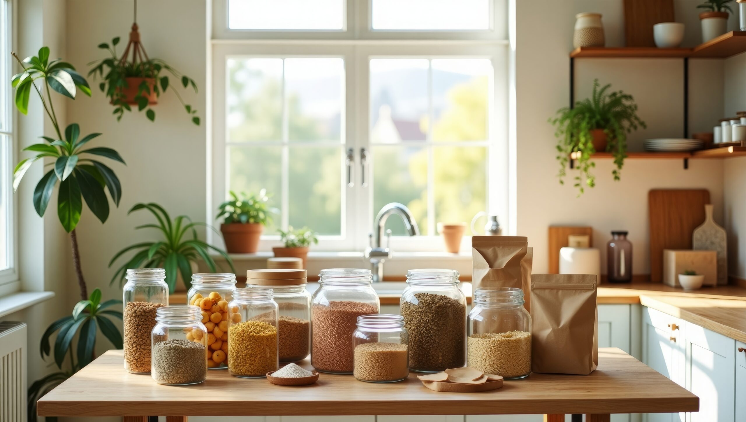 Natural Light Modern Kitchen Pantry – Glass Jars with Grains, Cereals, and Pulses Organized Kitchen
