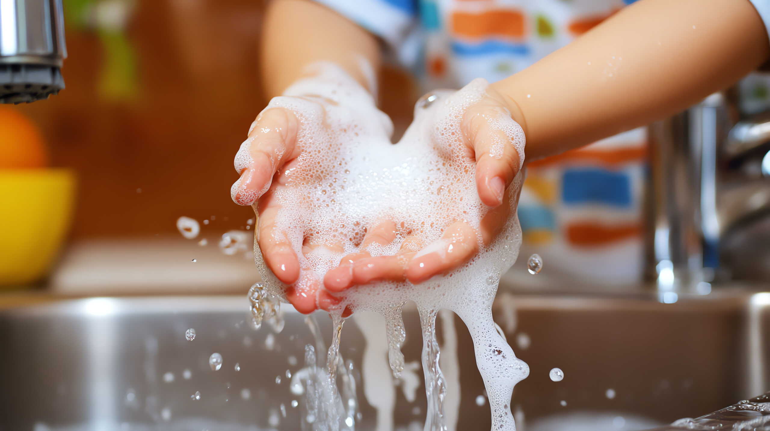A candid photo of a child in a kitchen washing their hands with soap after playing outside The water splashes lightly over the sink as the child s hands are vigorously scrubbed kid washing hands in the sink