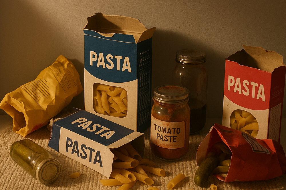 three half-empty bags of pasta, two cans of tomato paste that expired in April, and a jar of mystery pickles three half-empty bags of pasta, two cans of tomato paste that expired in April, and a jar of mystery pickles