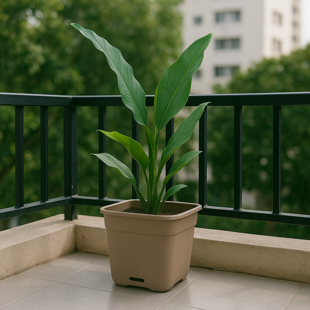 WaterSaver Square 500mm Taupe in a balcony setting