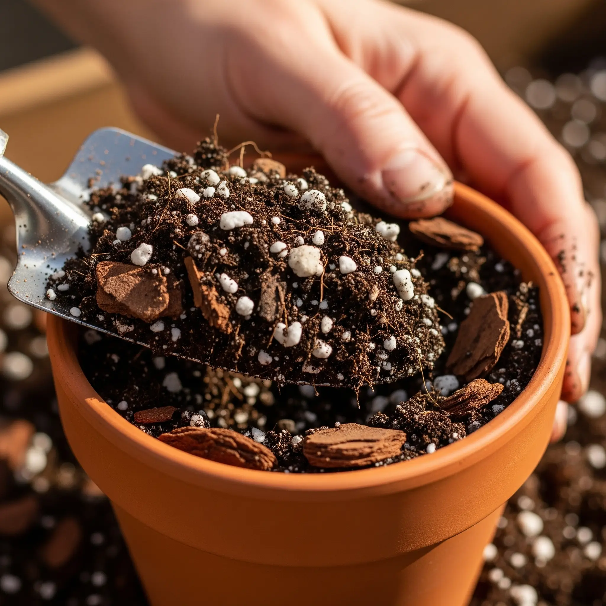Mulch and Soil mix in terracota planterra pot