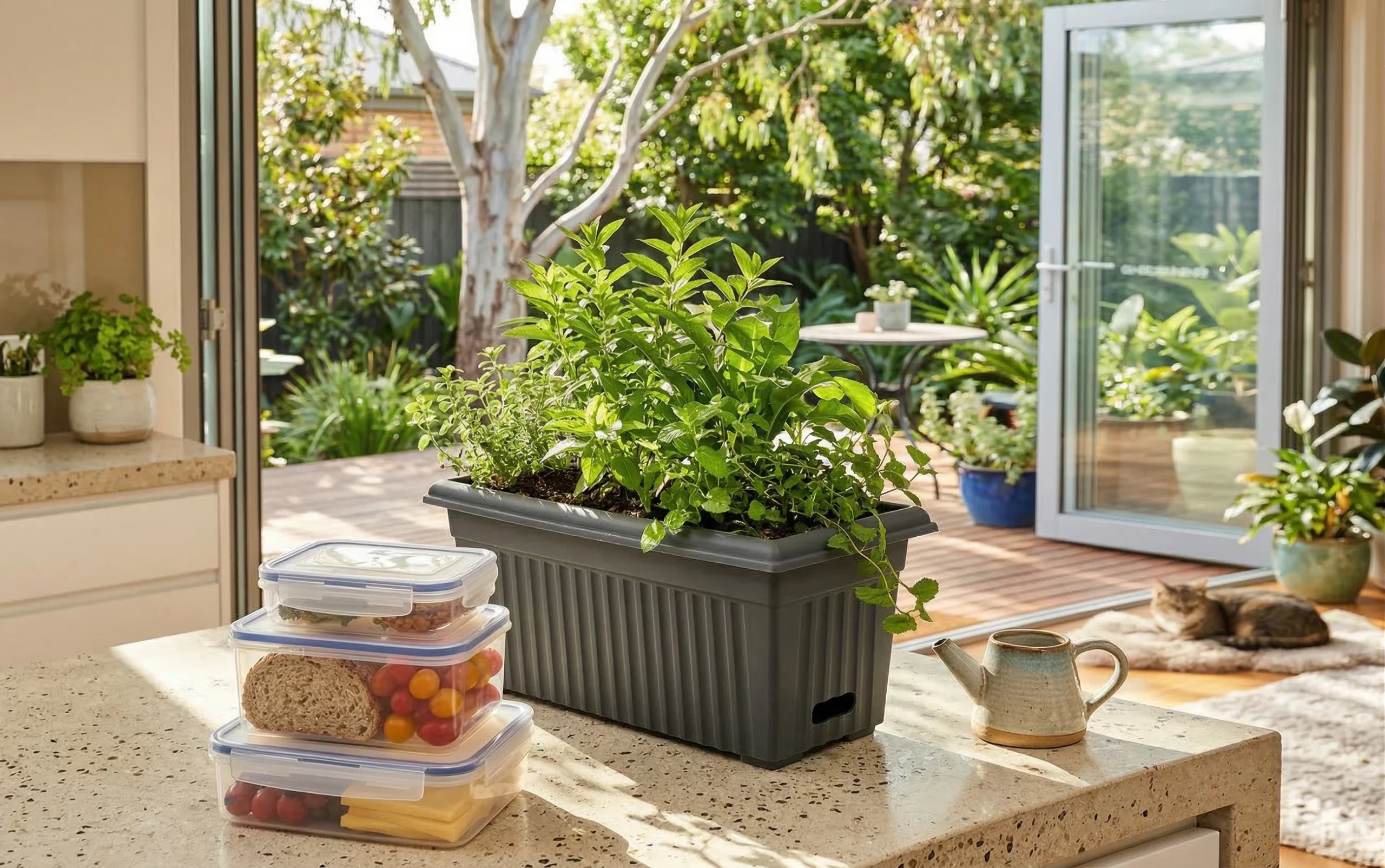Home Leisure self-watering pot with Jade plant in a modern Australian entryway.